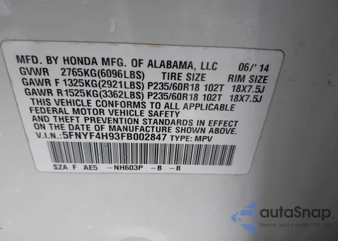 2015 Honda Pilot Touring from USA, damaged, VIN 5FNYF4H93FB002847